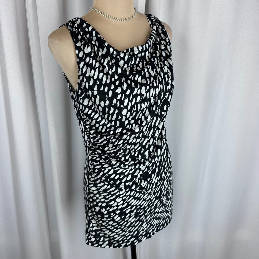 Ann Taylor Sleeveless Top Womens M Black White Print Ruched Draped Blouse